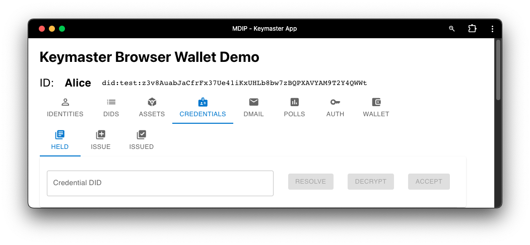 Credentials screen