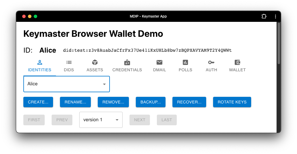 Identities screen